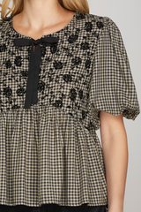 Black Puff Sleeve Front Bow Baby Doll Top