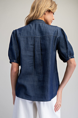 Dark Denim Ruffled Split V-Neck Top