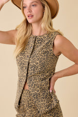 Leopard Printed Denim Button Up Vest