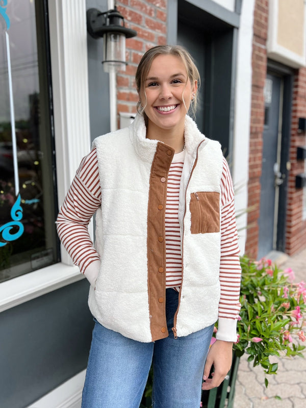 Ivory Camel Polar Collar Zip Up with Corduroy Trim