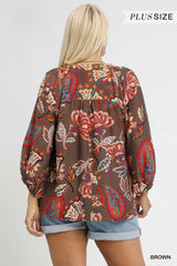 Curvy Boho Paisley Puff Sleeve Blouse