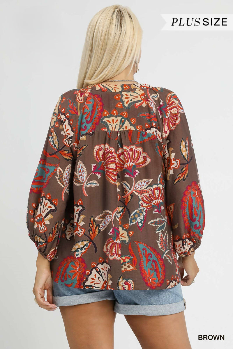 Curvy Boho Paisley Puff Sleeve Blouse