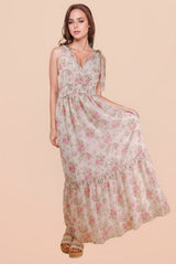 Pink Floral Surplice Tie Shoulder Maxi Dress