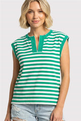 Green and White Stripe Y Split Neck Top