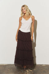 Brown Polka Dot Tiered Midi Skirt