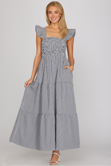 Navy Ruffled Sleeve Gingham Smocked Maxi Dress