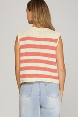 Coral Striped Gold Button Front Vest