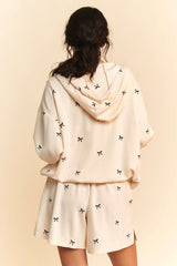 Cream Bow Embroidered Cropped Zip Up Jacket