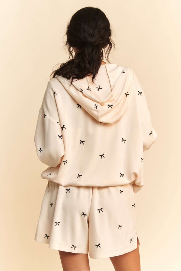 Cream Bow Embroidered Cropped Zip Up Jacket