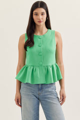 Green Peplum Sleeveless Top With Buttons