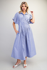 Blue Striped Pleated Maxi Dress