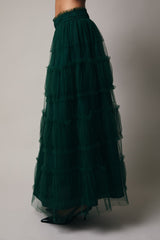 Hunter Green Frilled Tiered Mesh A-Line Midi Skirt