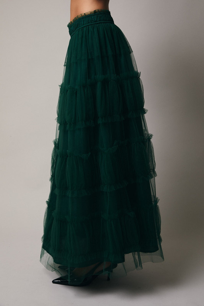 Hunter Green Frilled Tiered Mesh A-Line Midi Skirt