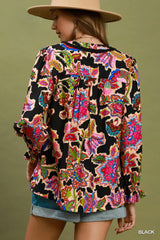 Black Floral Ruffle Detail Button Down Top