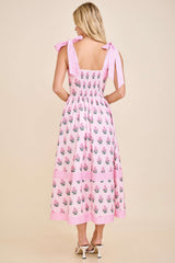 Pink Floral Tie Strap Midi Dress