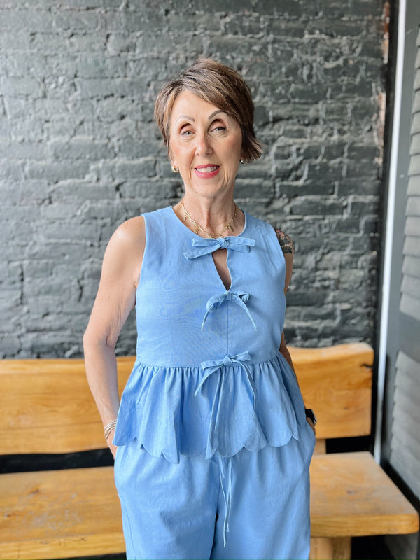 Light Blue Top W/ Bow Ties & Scallop Detail