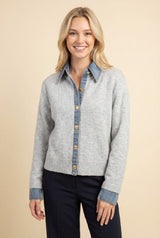 Gray Button Down with Denim Collar Cardigan