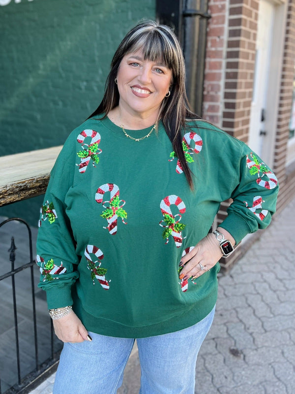 Hunter Green Pullover With Sequin Candycanes