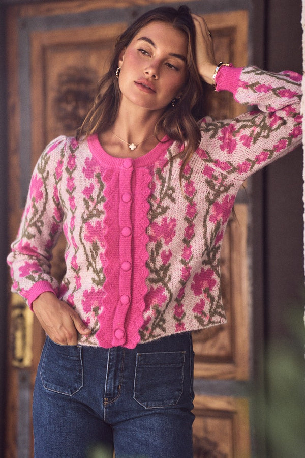 Pink Floral Scalloped Trim Cardigan