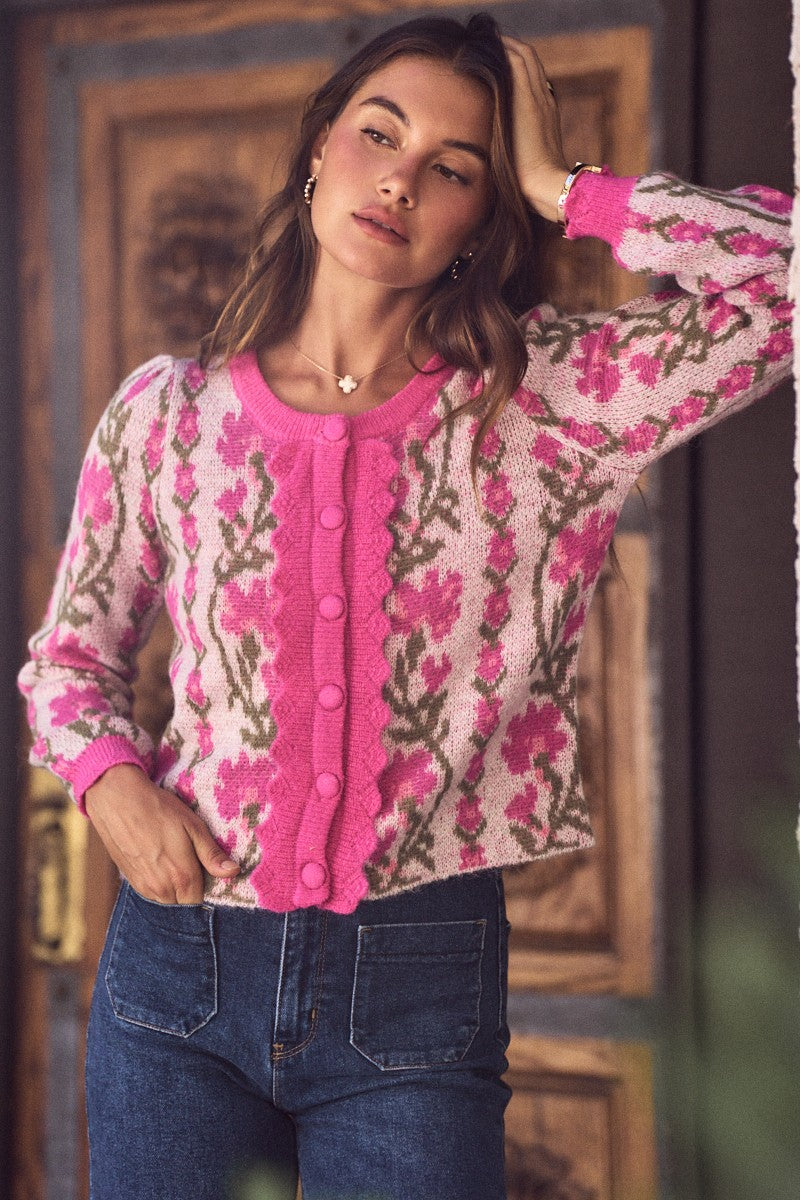 Pink Floral Scalloped Trim Cardigan