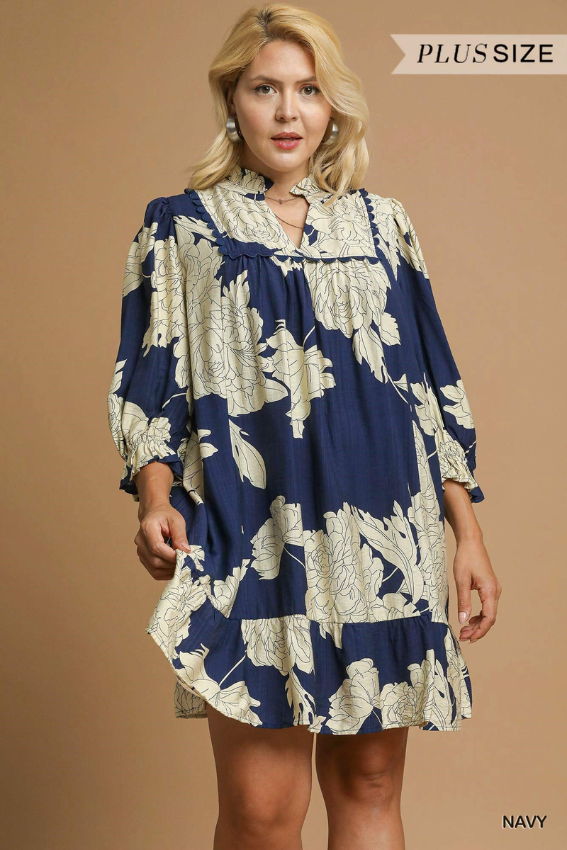 Curvy Navy Floral Tiered Babydoll Dress