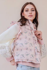 Pink Floral Puffer Vest With Ruffle Shoulder