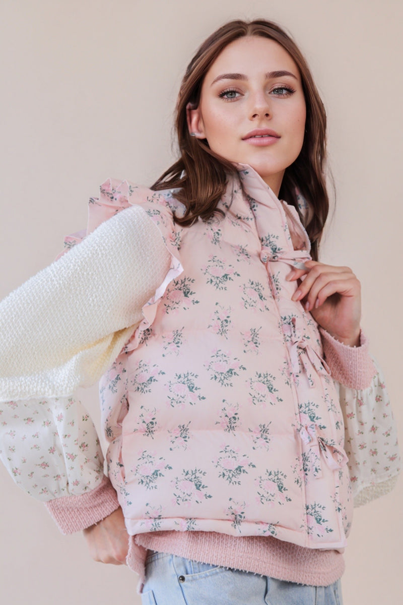 Pink Floral Puffer Vest With Ruffle Shoulder