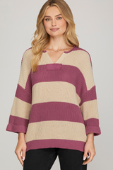 Mauve and Cream Striped V Neck Sweater