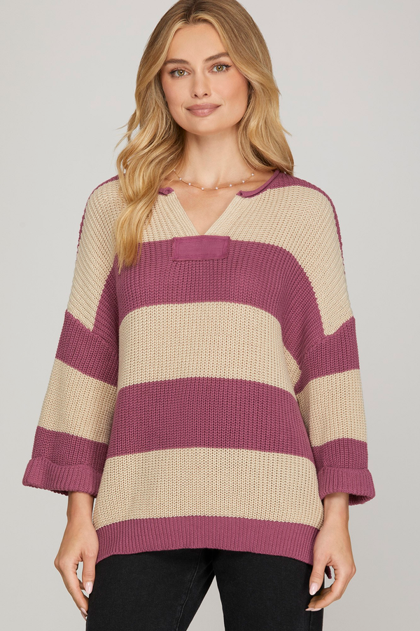 Mauve and Cream Striped V Neck Sweater