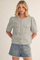 Horse Back Embroidery Button Front Top