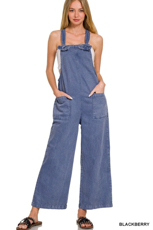 Wide Leg Front Pocket Denim Overalls