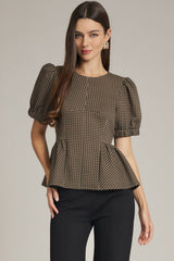 Black/Brown Gingham Peplum Top