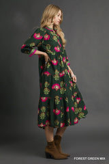 Forest Green Floral Print Tiered Midi Dress W/ Buttons
