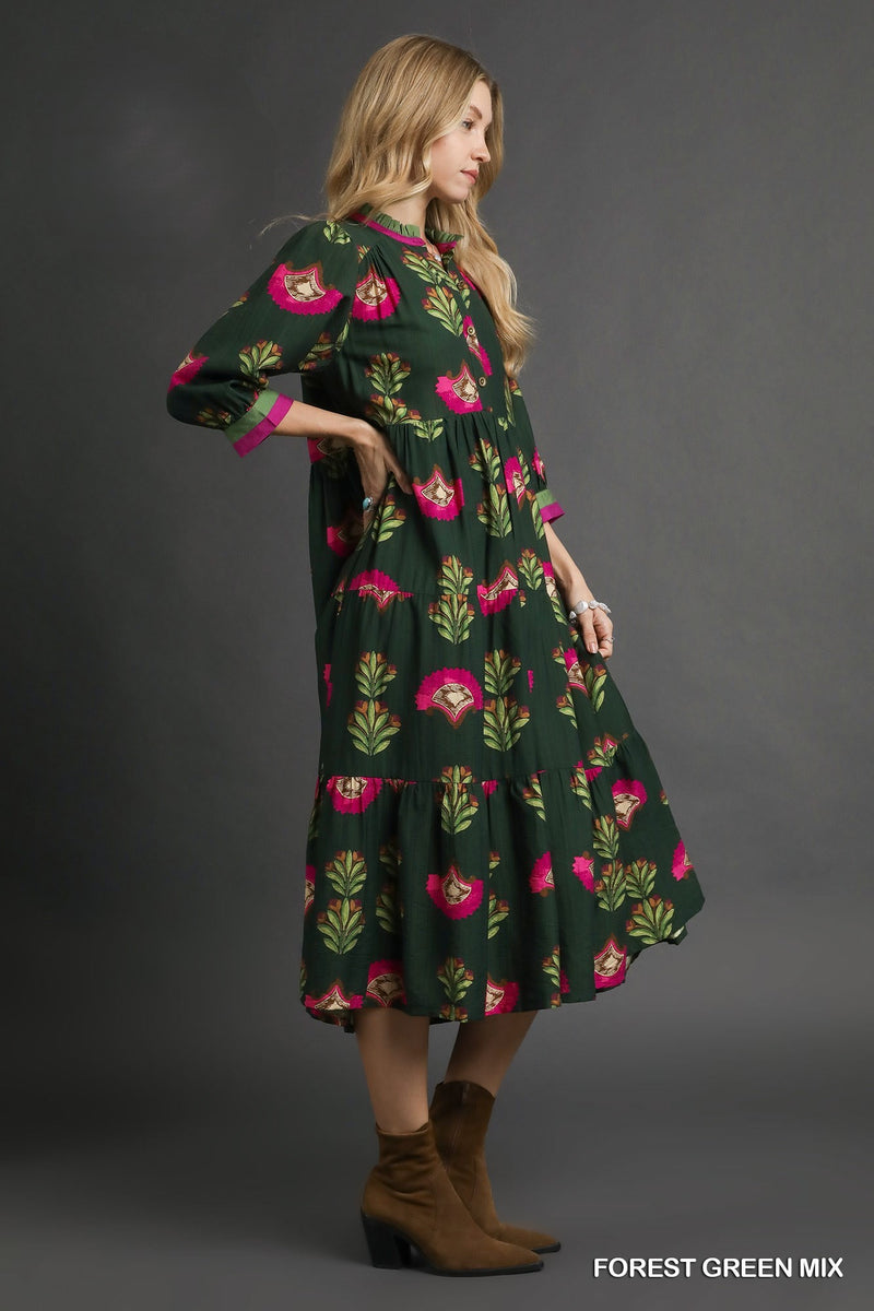 Forest Green Floral Print Tiered Midi Dress W/ Buttons