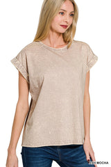 Crinkle Washed Round Neck Rolled Sleeve Tee