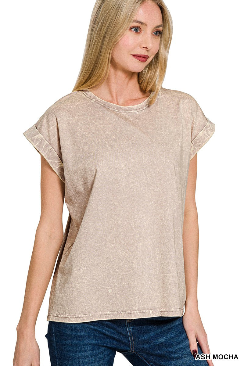 Crinkle Washed Round Neck Rolled Sleeve Tee