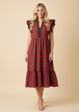 Red Plaid Ruffle Sleeve Midi Dress