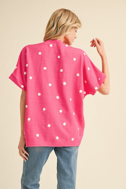 Pink Polka Dot Embroidered Boxy Top