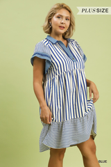 Curvy Blue Striped Scallop Trim Collar Dress