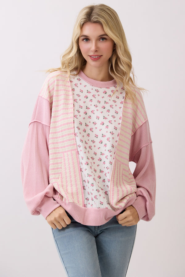 Pink Rib Patch Pullover Top