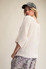 Beige 3/4 Sleeve V-neck Sweater