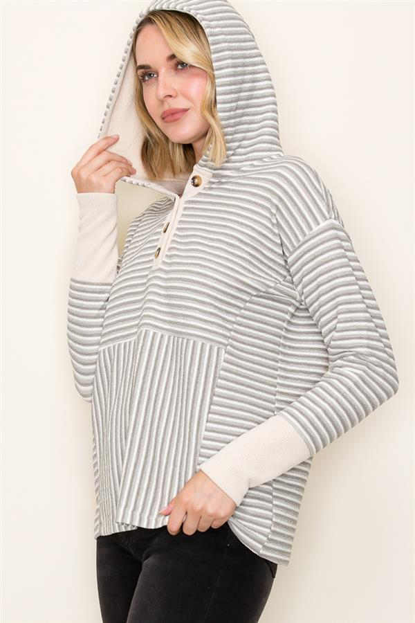 Sage Half Button Cuffed Sleeve Striped Top