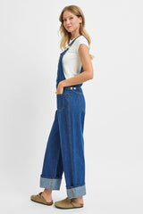 Button Down Wide Leg Cuffed Overalls