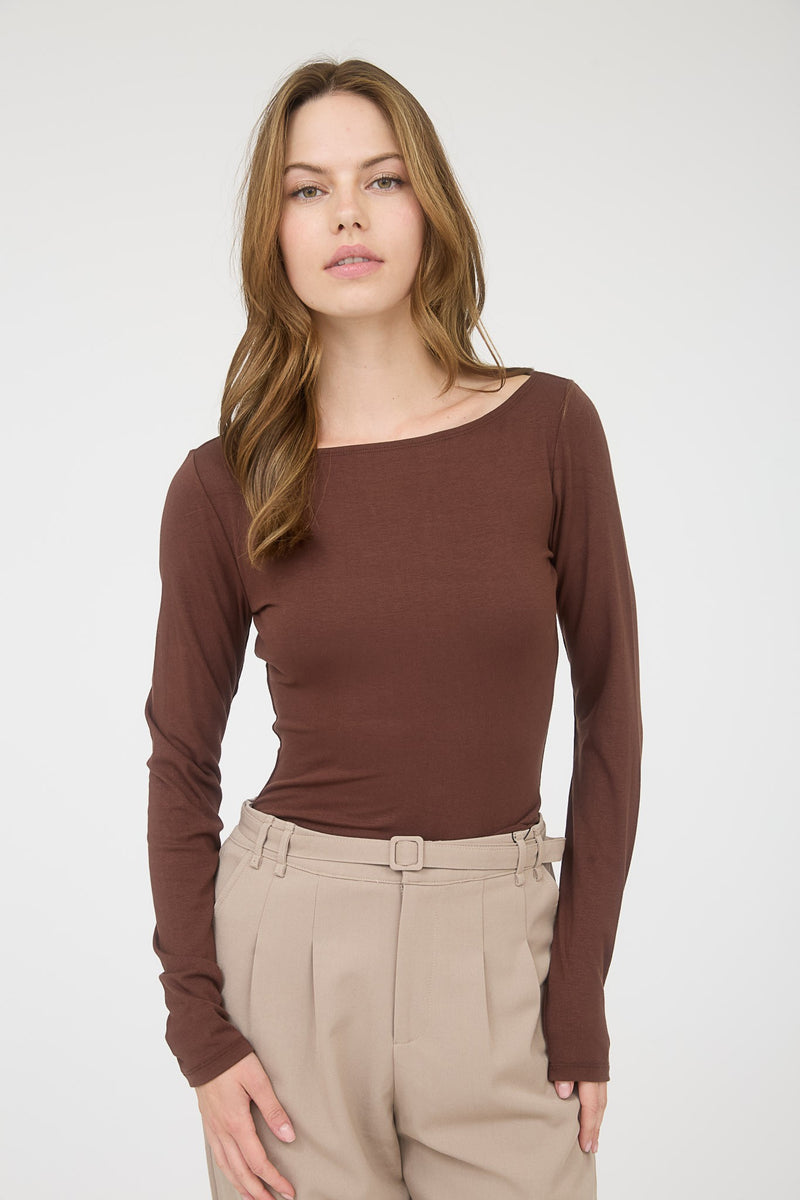 Boat Neck Long Sleeve Solid Knit Top