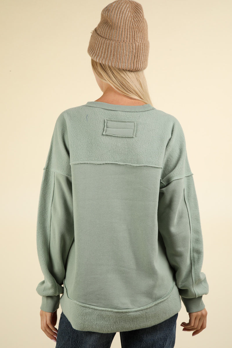 Curvy Mixed Material Outstitched Front Pocket Pullover