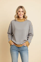 Chambray/Taupe Striped Mock Neck Top