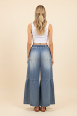 Tiered Wide Leg Drawstring Chambray Pants