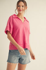 Fuchsia V-Neck Collared Top