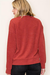 Rust Ribbed Long Sleeve Top With Stitched Collar