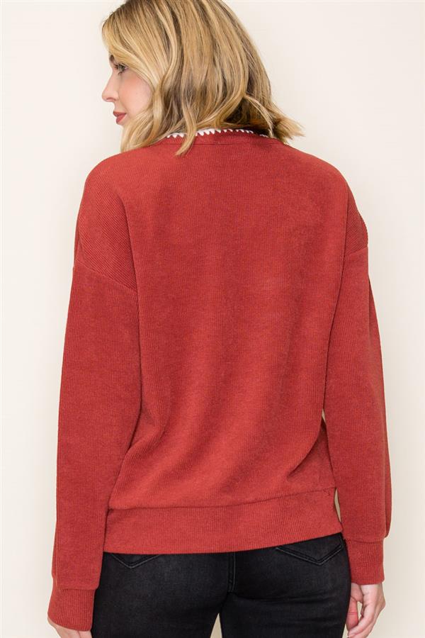 Rust Ribbed Long Sleeve Top With Stitched Collar